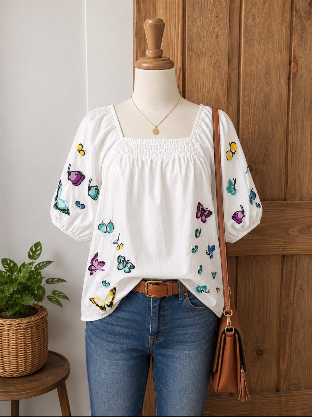 Talbots White Square-Neck Puff Sleeve Top with Colorful Butterfly Embroidery
